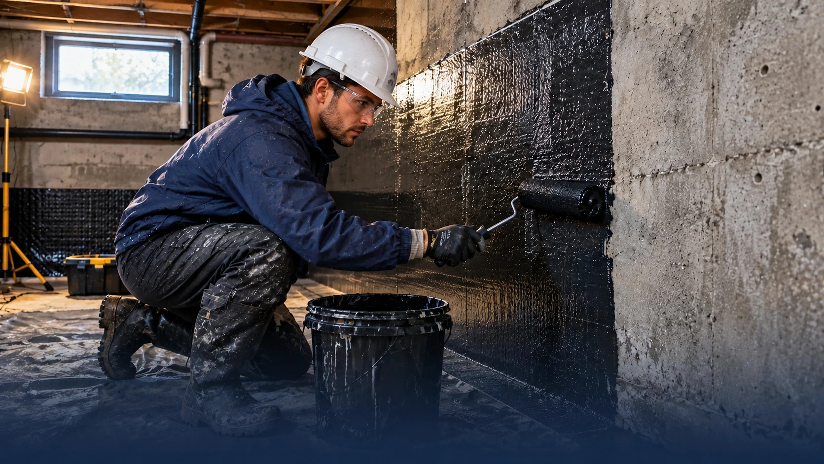 NYC Construction waterproofing contractor applying protective coating to a residential basement foundation wall