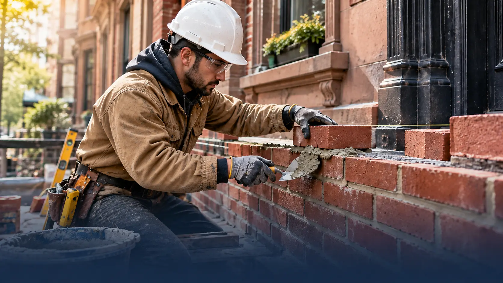 NYC Construction masonry contractor installing red brick with fresh mortar on a New York City residential building