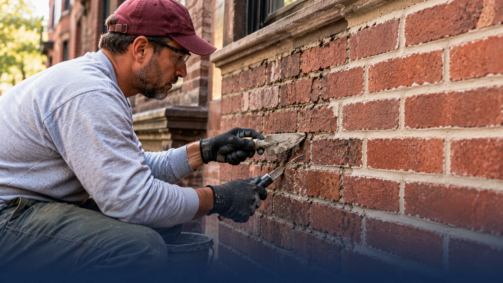 NYC Construction brick repointing contractor restoring deteriorated mortar joints on a historic NYC brownstone