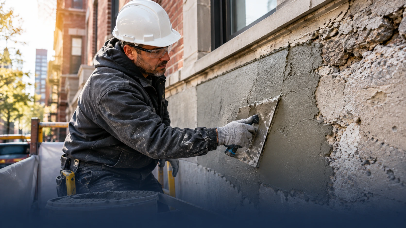 NYC Construction concrete repair and restoration contractor applying fresh mortar to a damaged residential concrete surface
