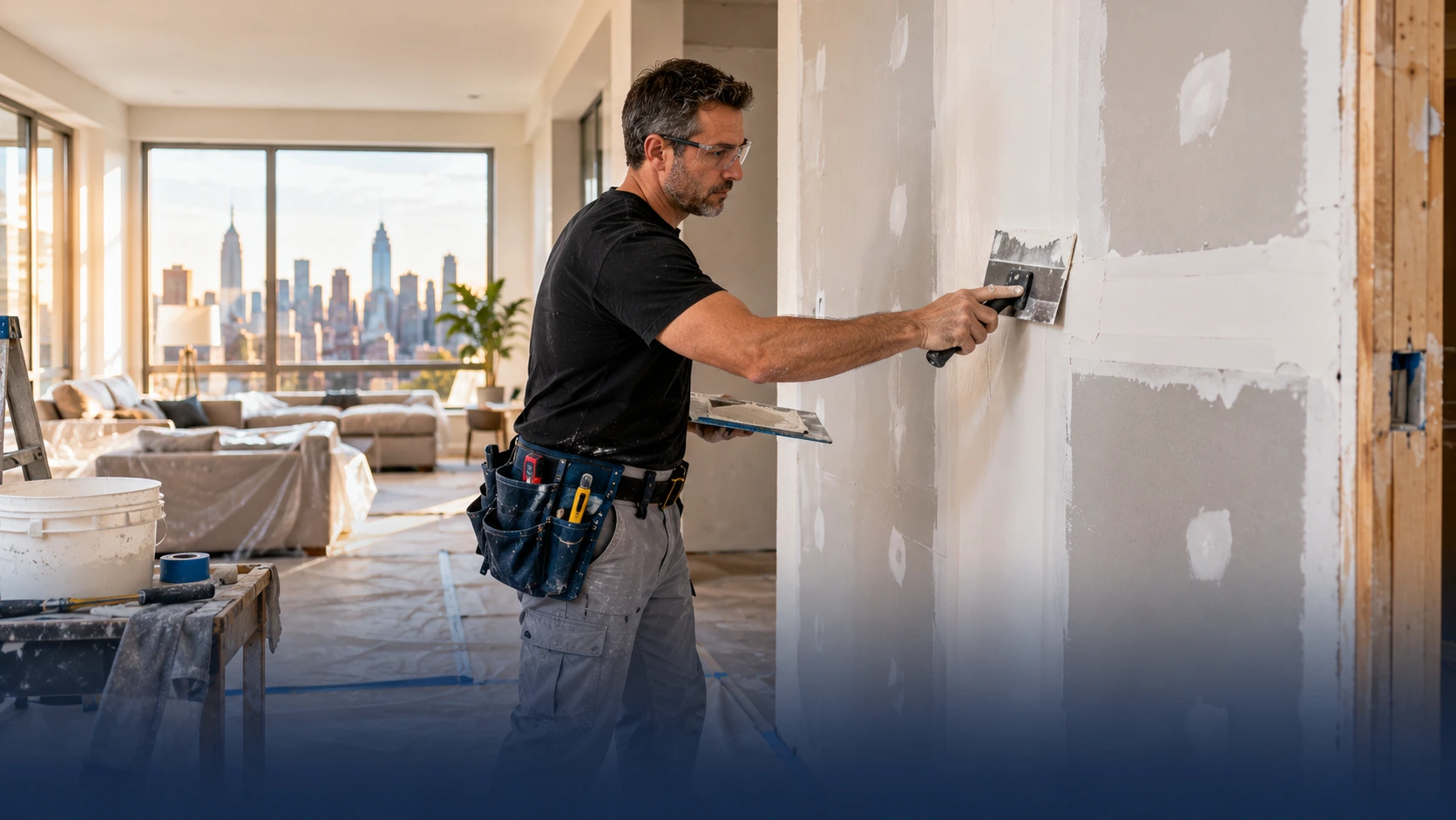 NYC Construction interior remodeling contractor finishing newly installed drywall in a modern NYC apartment