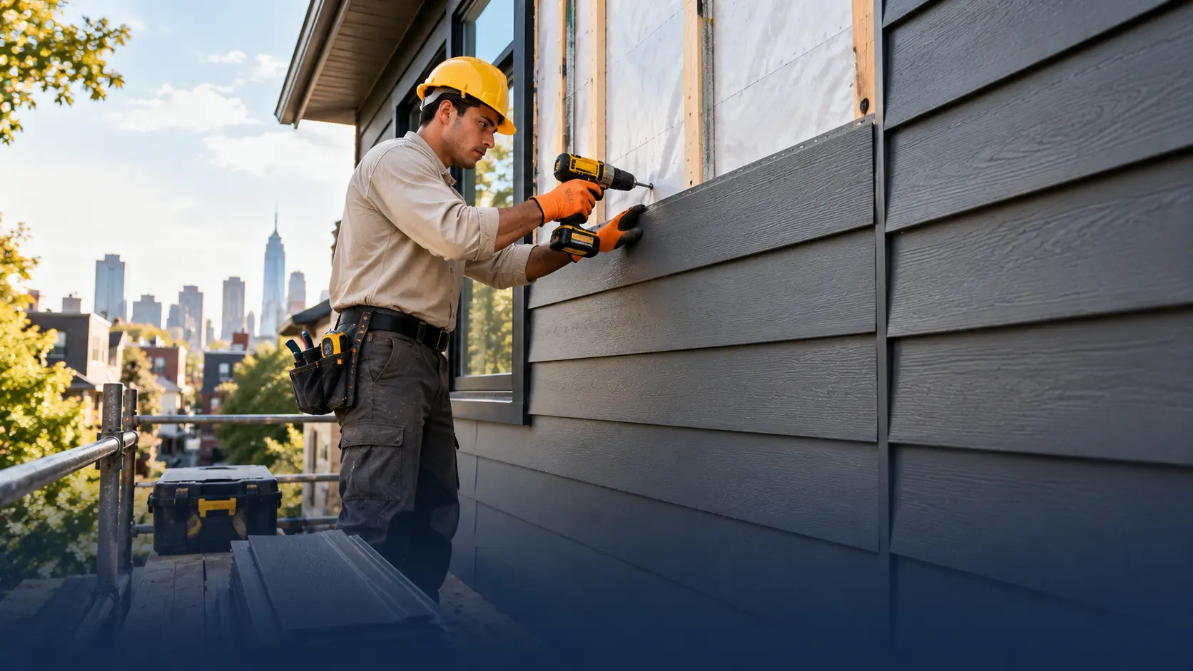 NYC Construction siding contractor installing modern horizontal siding on a New York City residential home