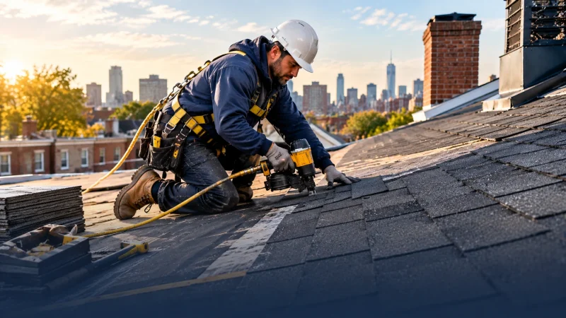 NYC Construction residential roofing contractor installing architectural shingles on a New York City home